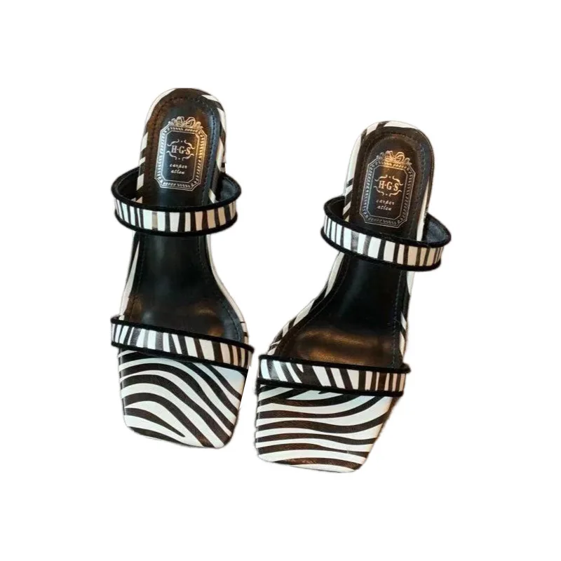 

LEOPARD LAND 2021 New Summer Women's Shoes Square Toe Zebra Pattern Thick Heel Shoes With Open Toe High Heel Sandals JXQ