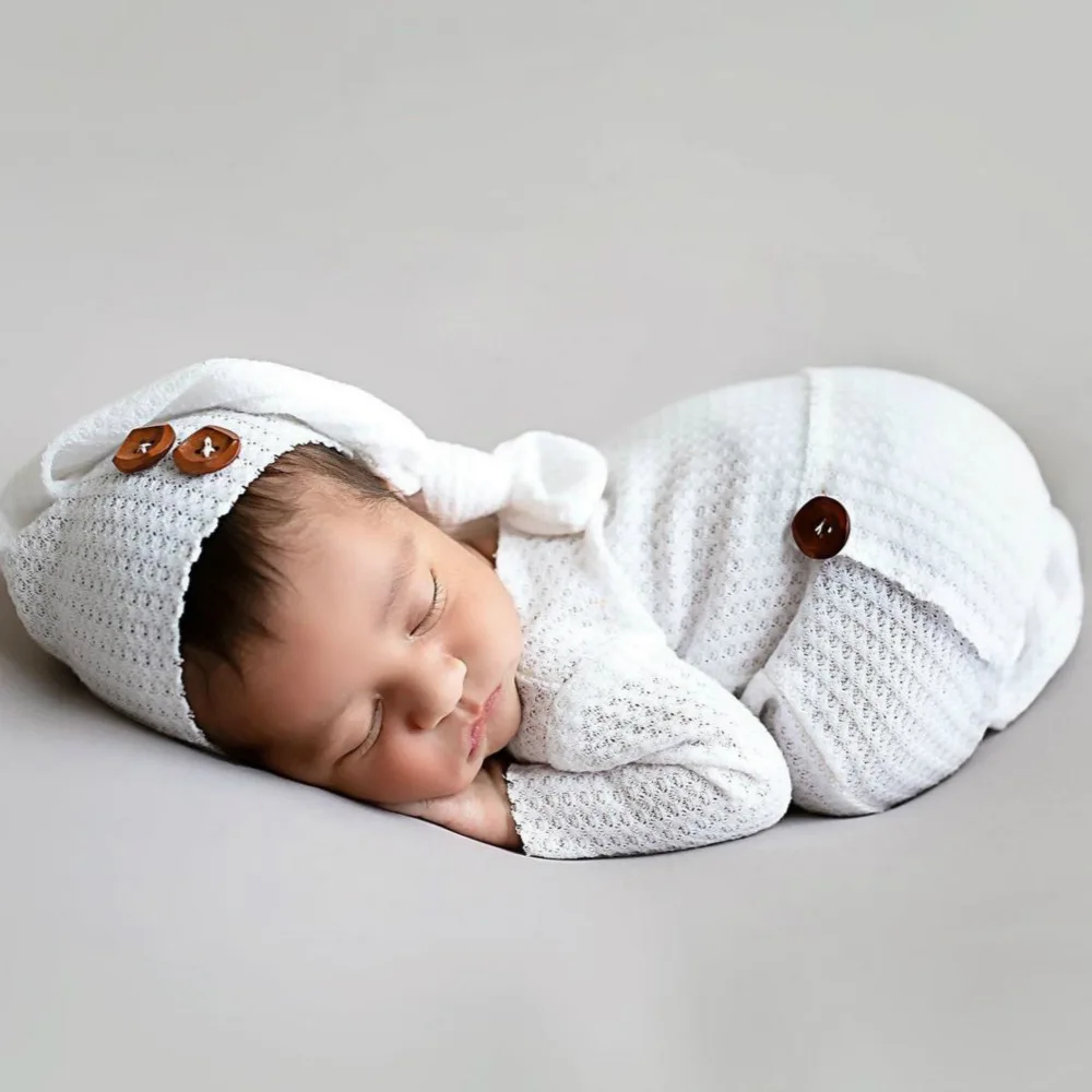 

2 Pcs/Set Newborn Photography Props Suit Knitted Cotton Jumpsuit Hat Infant Photo Shooting Clothes Outfits