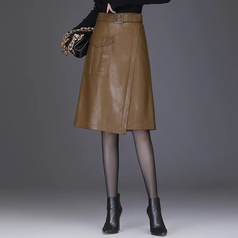 

Women PU Leather High Waisted Black Skirt Autumn Winter Office Lady Elegant Slim Casual A-line Knee-length Bodycon Skirts 2868