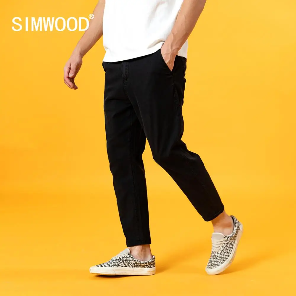 SIMWOOD 2020 Лето Осень Новые тонкие черные джинсы с эффектом потертости Удобные