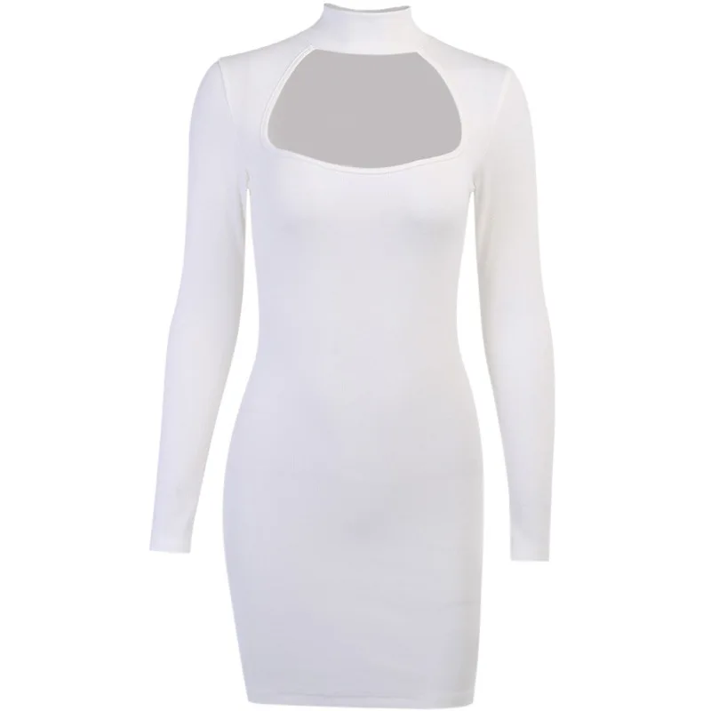 

2020 Autumn New Long-Sleeved Square Neck Hollow High-Neck Solid Color Hip Dress Women