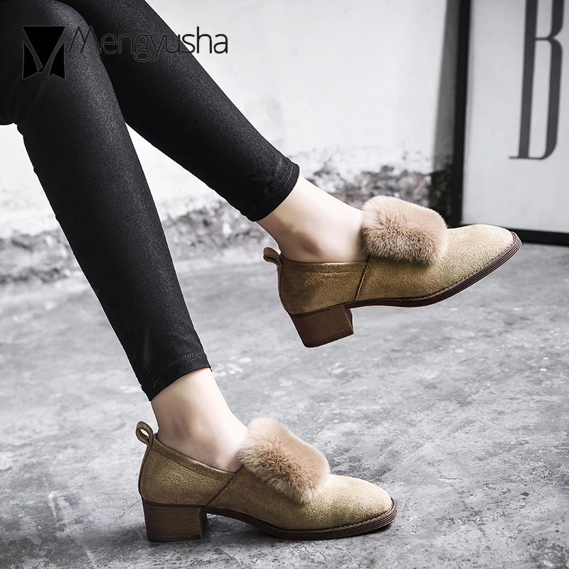 Зимние Туфли-оксфорды с кроличьим мехом женские туфли на плоской подошве Меховые
