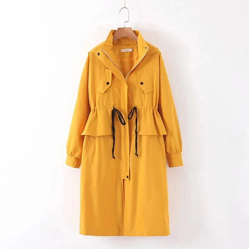 Элегантный женский желтый тренчкот Осень-зима 2019 модная женская ветровка с