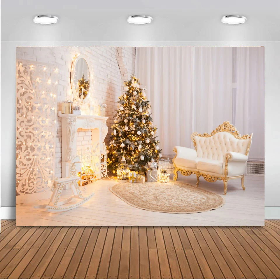 

Новогодняя интерьерная детская фотосессия фон фотография Рождественская елка подарки Блестящий камин диван