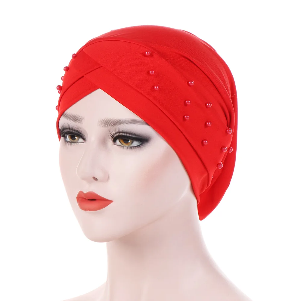 

New Stretch Forehead Cross Indian Hat Bead Hood Female Chemotherapy Hat Islamic Head Scarf Turbans Women's Pearl Cap