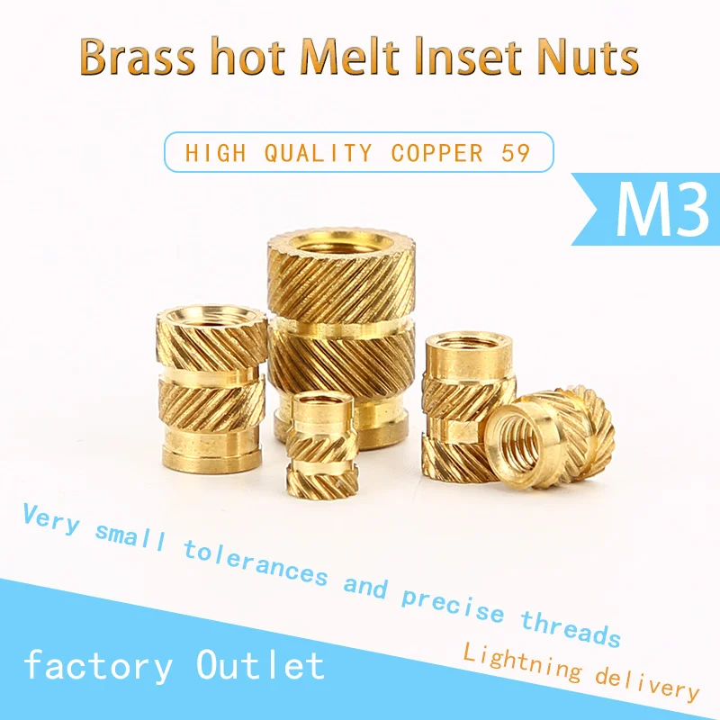 

Brass Hot Melt Insert Nuts Heating Molding Copper Thread Inserts Nut SL-type Double Twill Knurled Injection Brass Nut M3 50 Pcs