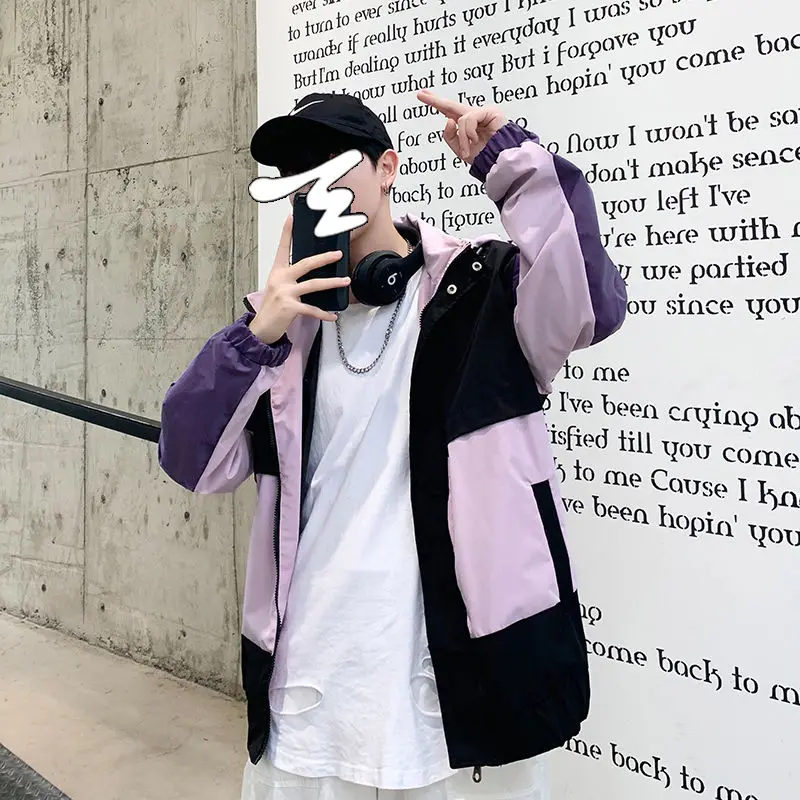 

Куртка мужская с капюшоном, модная повседневная куртка с капюшоном контрастных цветов, уличная одежда, корейский бомбер свободного покроя ...