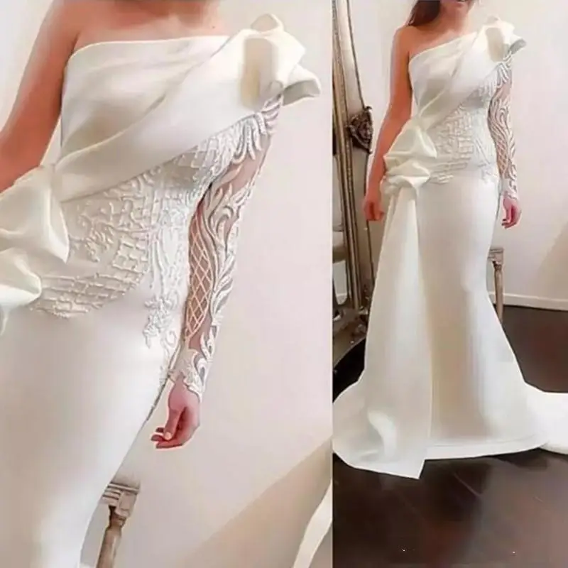 

Elegant One Shoulder Mermaid Wedding Dresses White Long Sleeves Satin Ruffles Applique Sweep Train Bridal Gowns Formal Dress