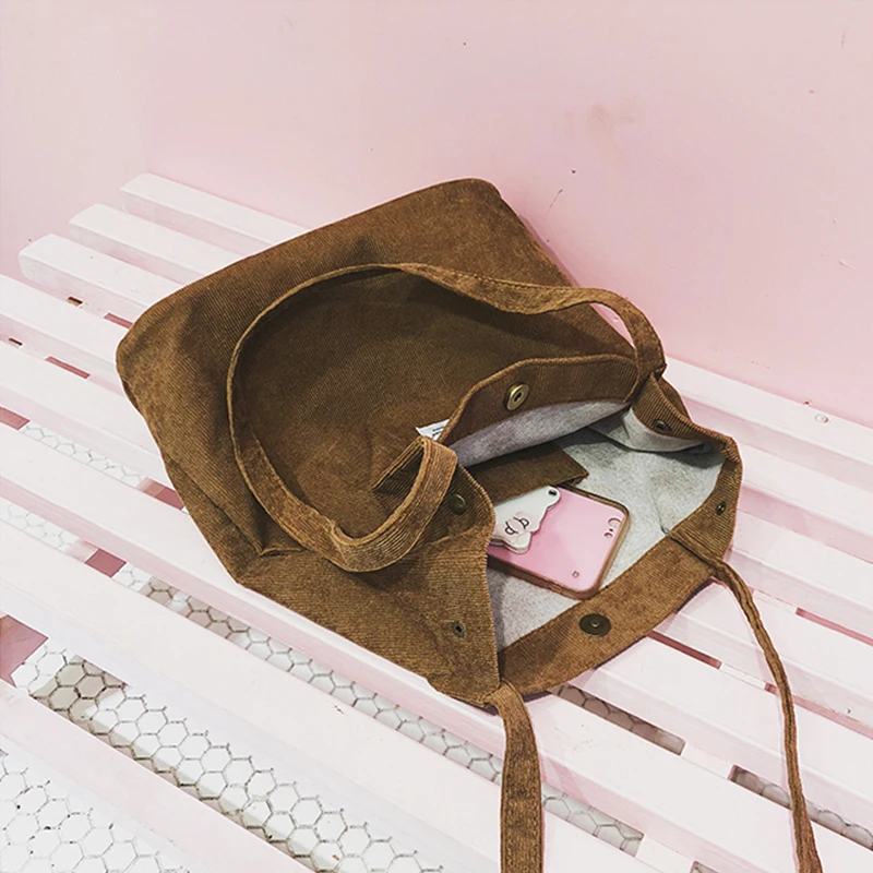 

Hot High Capacity Women Corduroy Tote Ladies Casual Solid Color Shoulder Bag Foldable Reusable Women Shopping Bag