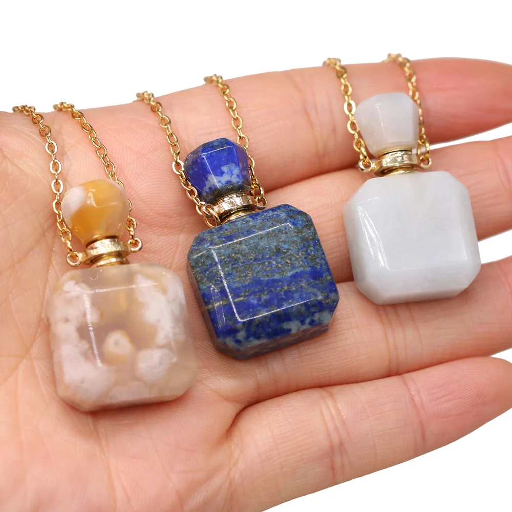 

Natural Stone Perfume Bottle Necklace Square Lapis Lazuli/Sakure Agates Pendant For Women Love Romantic Gift Chain 60 CM