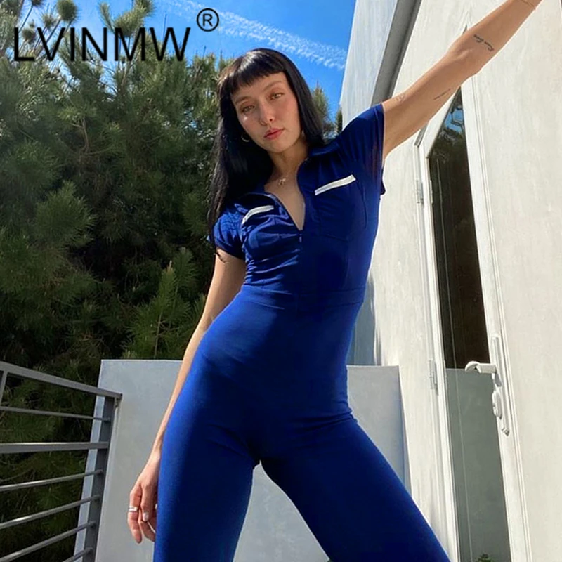 

LVINMW Velvet Jumpsuits Zipper Fly Short Sleeve Leisure Slim Romper With Pockets Lapel Panelled Streetwear Mode Women Jumpsuit
