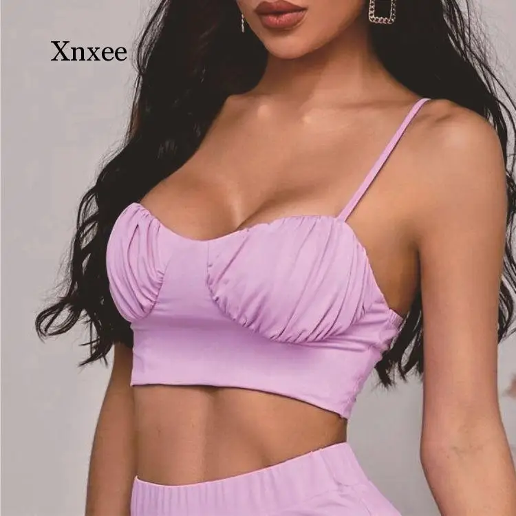 Облегающий пикантный однотонный укороченный топ с рюшами и брюки-клеш комплект