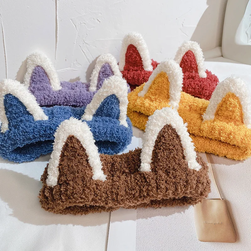 

Girls So Cute Cartoon Cat Ear Headband Soft Coral Fleece Hairband Wide Warm Headwrap Hair Holder For Washing and Daily Styling