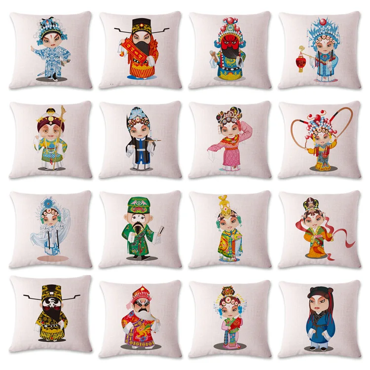 

Chinese Style Pillowcase Peking Opera Drama Character Cushion Cover Living Room Sofa Bedroom Bay Window Decoration Accessories