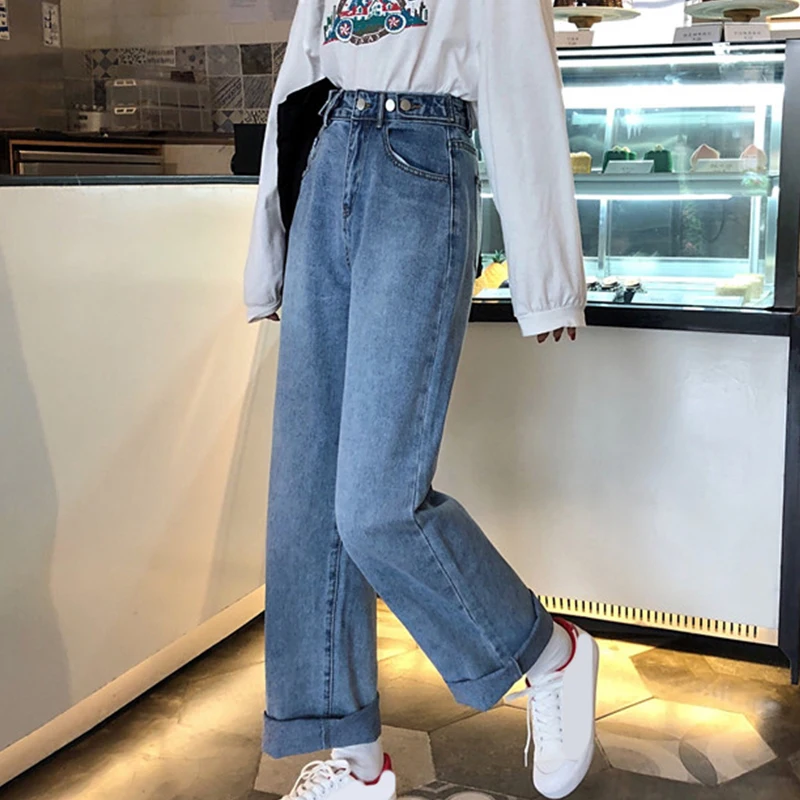 

Women's High Waist Jeans Summer 2021 New Korean Style Retro Easy Matching Loose Straight Wide Leg Pants Mop Trousers Fashion