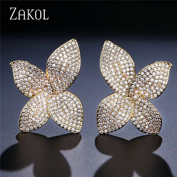 Gold Color ZAKOL новые модные роскошные серьги-гвоздики с бабочкой AAA кубическим цирконием, с большим цветком, для женщин, вечерние, подарки FSEP2078 - Окраска металла: Gold Color