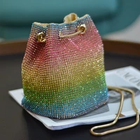 2021 bling rainbow rhinestone bucket bag luxury color mesh diamond dinner bags ladies handbag designer evening bag for women