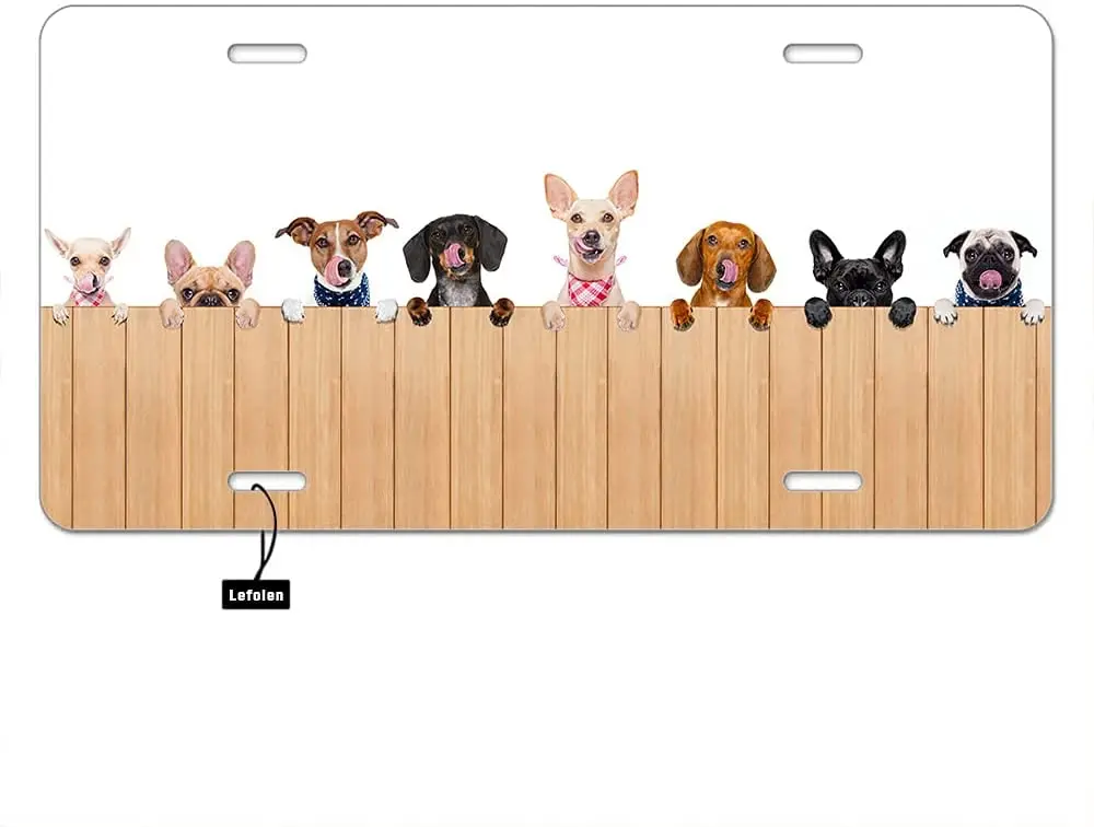 

Lefolen Front License Plate 6" X 12" Group Dogs Behind Wood Plank,Different Animal Pet Puppy Bulldog Hungry Tongue Auto Car Tag