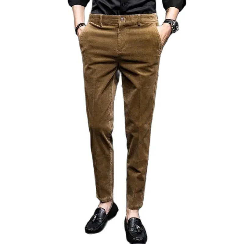 

Мужские вельветовые брюки цвета хаки, деловой костюм высокого качества, мужские облегающие утепленные повседневные брюки в британском сти...