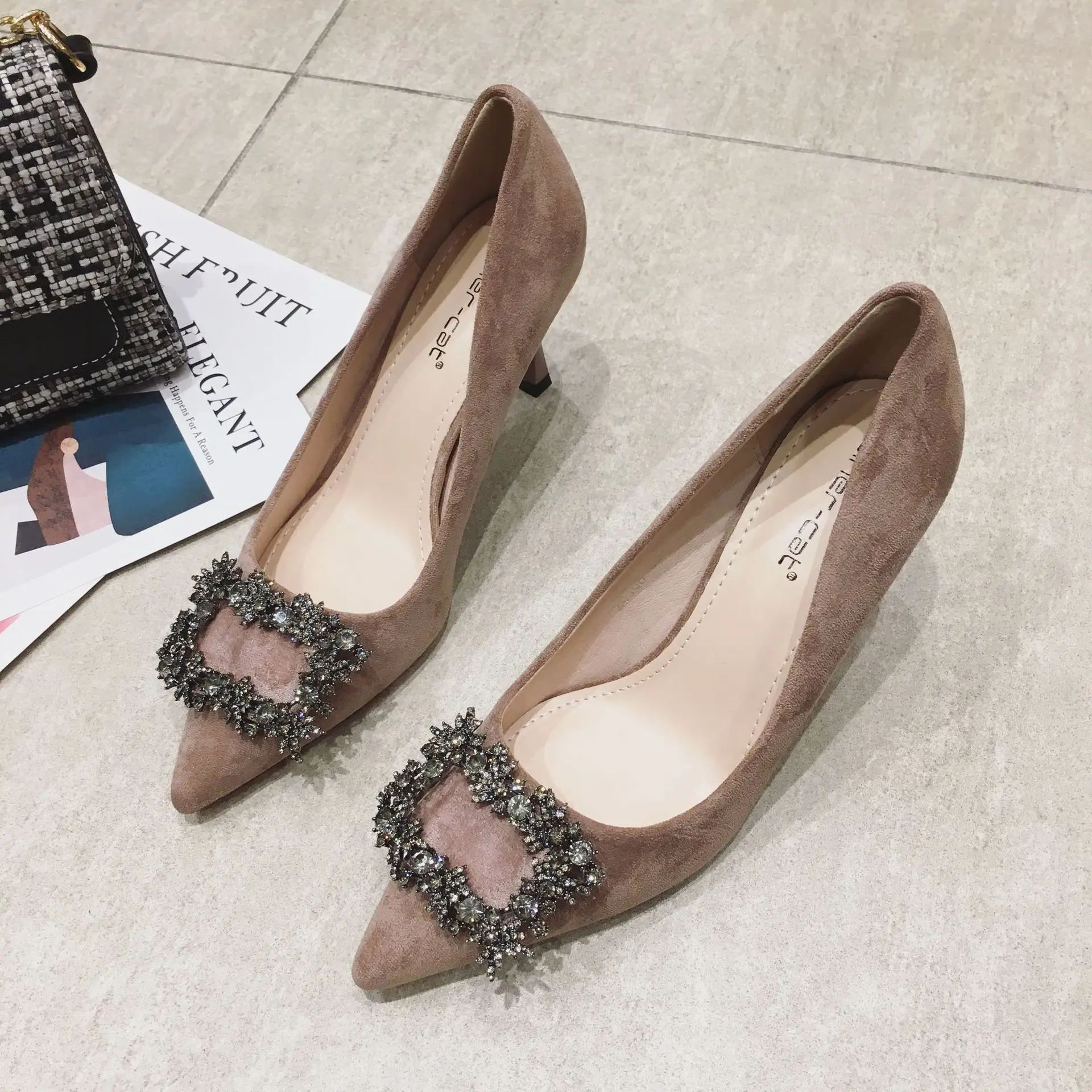 

2020 S473888 new rhinestone black French high-heeled shoes women's thin heels with sexy words after Baotou sandals female summer