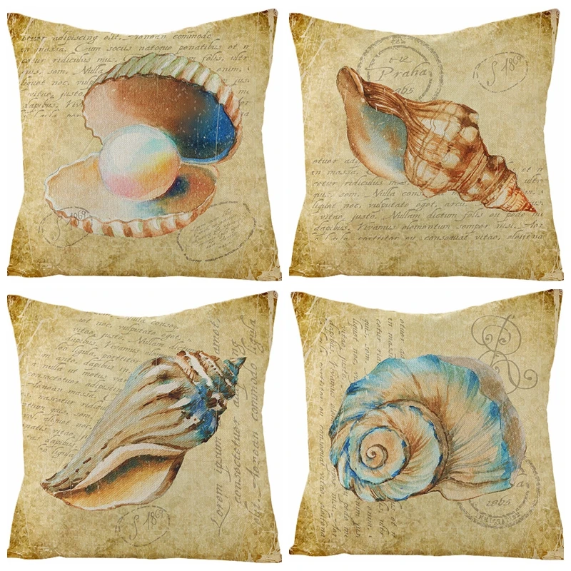 

LuanQI Linen Cushion Cover Marine life Printed Shell Soft Thick Pillow Case 45x45 cm For Home Sofa Favor Car BedroomDecoration