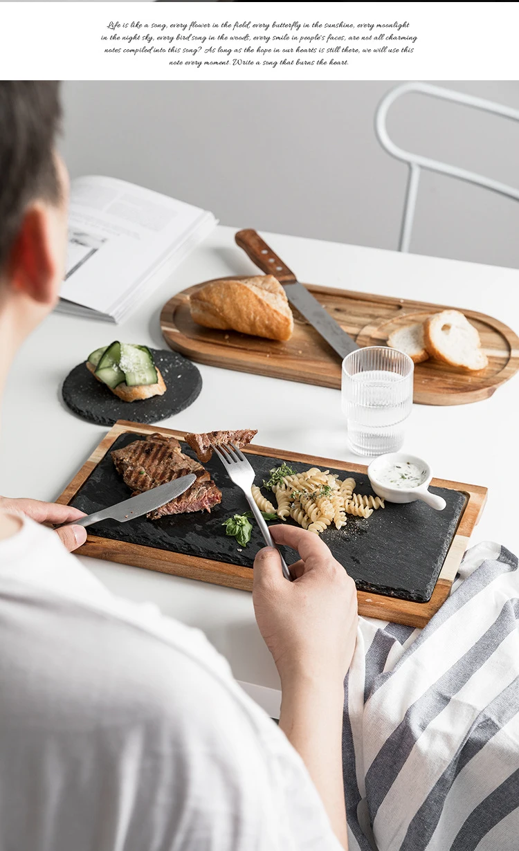 Натуральная деревянная доска с сланцевым камнем, поднос для кухни, суши, барбекю, тарелка для стейка, десерта, торта, поднос, Кухонное блюдо, ресторанные принадлежности