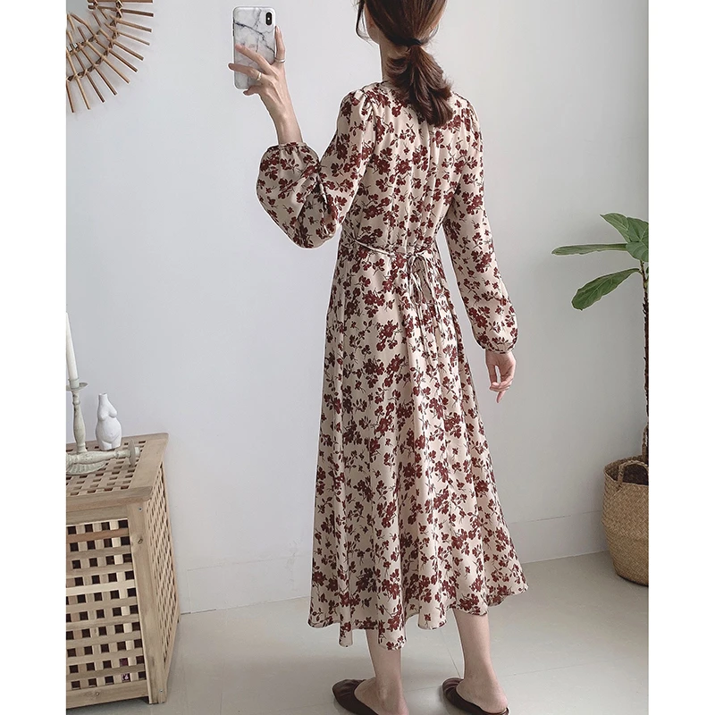 

Spring Summer 2021 Long Sleeve Elegant Bohemian Retro Casual Party Korean Runway Vestidos New Women Long Floral Chiffon Dresses