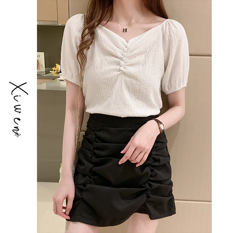 Женская шифоновая блузка с пышными рукавами белая во французском ретро стиле V