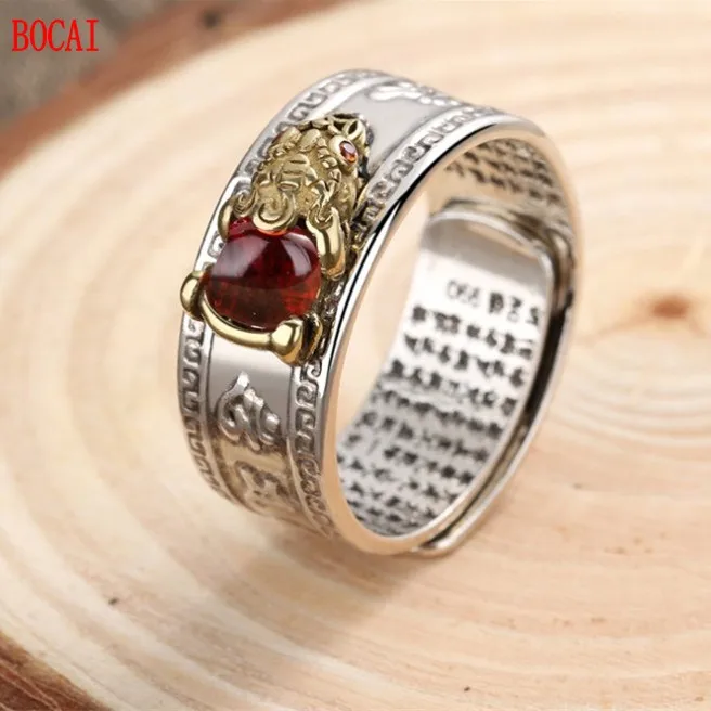 

Real s925 sterling silver ruby Pixiu mantra Heart Sutra ring