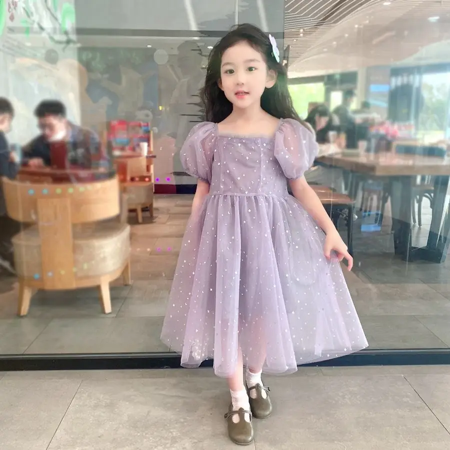 

2022 New Spring Girl Dress Purple Short Sleeves for 3-10 years old
