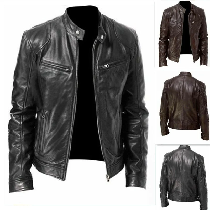 

Faux Leather Jacket Men Winter Long Sleeve Pocket Moto Zipper Button Coat Male Collar Solid Outwear