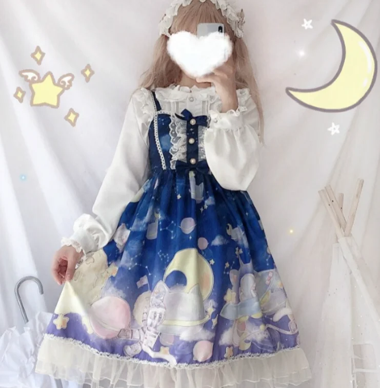 Лолита jsk принцесса лоли печати kawaii платье для девочек градиент Лолита езды Высокая талия бант кружева рюшами Готический Винтаж сладкий лоли