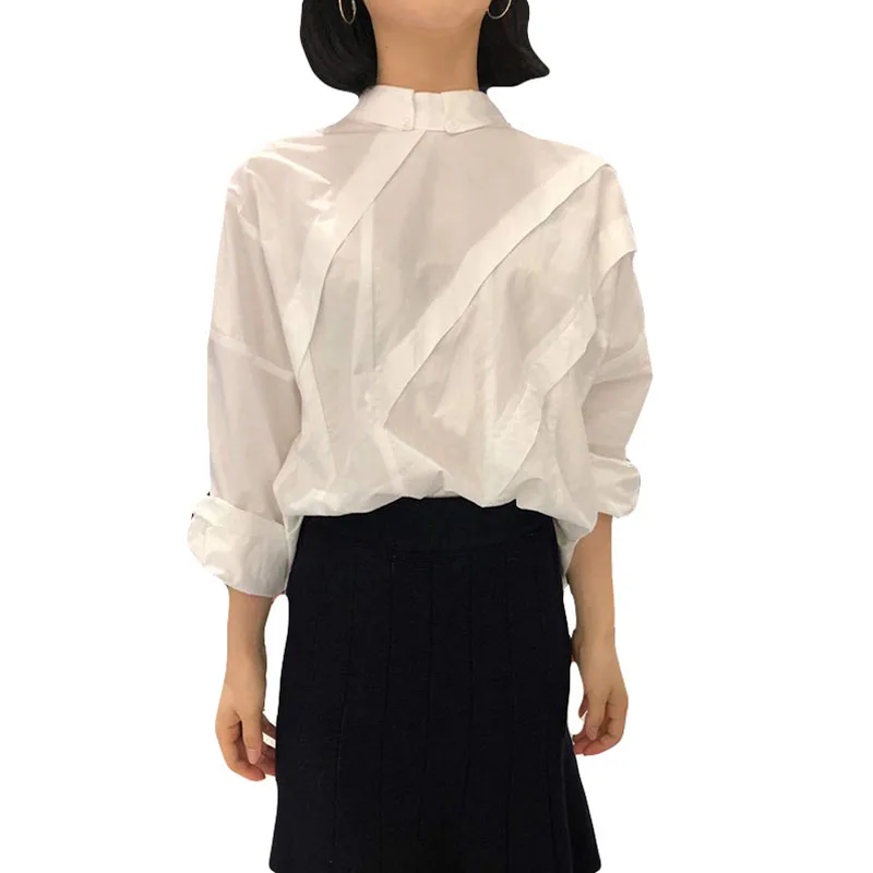 

Women's Spring Autumn Blouse Korean Style Solid Color Buttoned Long-sleeved Top New All-match Female Fold Stitching Tops LL260
