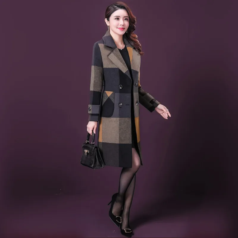 

L-5XL Women Wool Blends Coat Autumn Winter 2021 New Fashion Thicken Warm Plaid Overcoat Slim Long Tops Outerwear Female