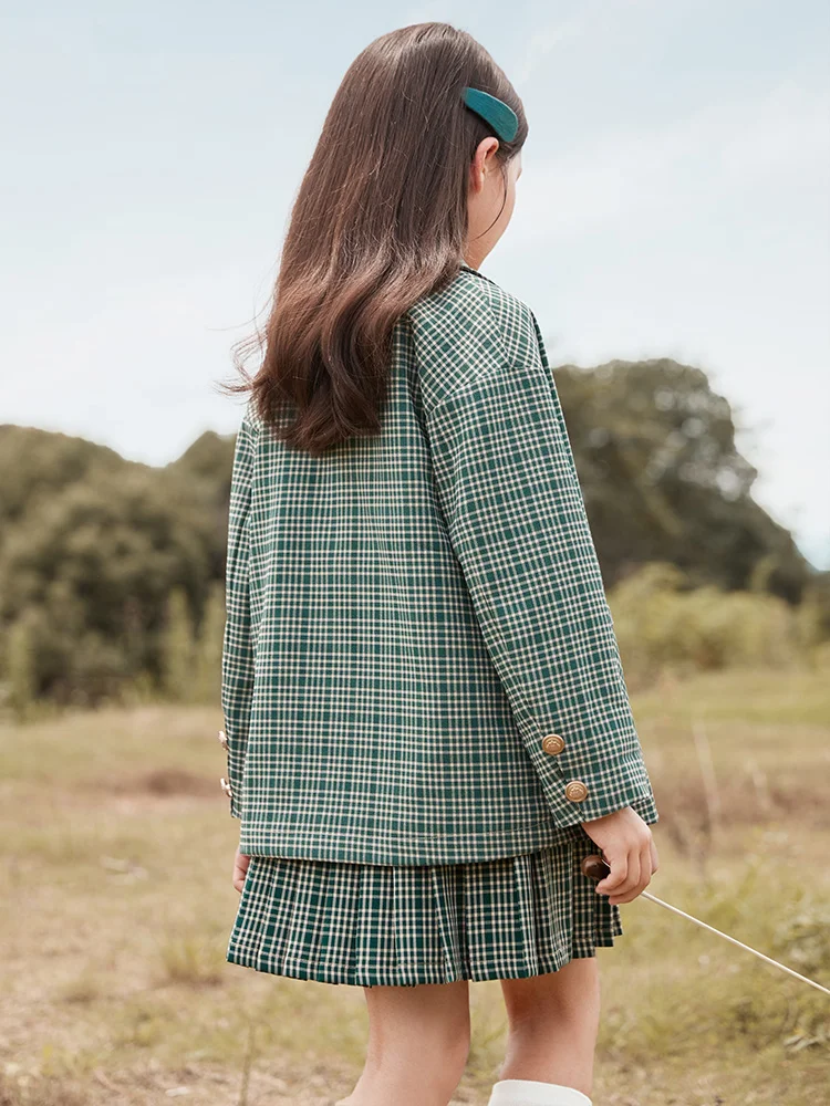 

2 Piece Jackets Skirt Suit For Girls Autumn Winter Plaid Print Coats 3-14y Kids Girl Warm Outercoats Single Breasted Outerwear