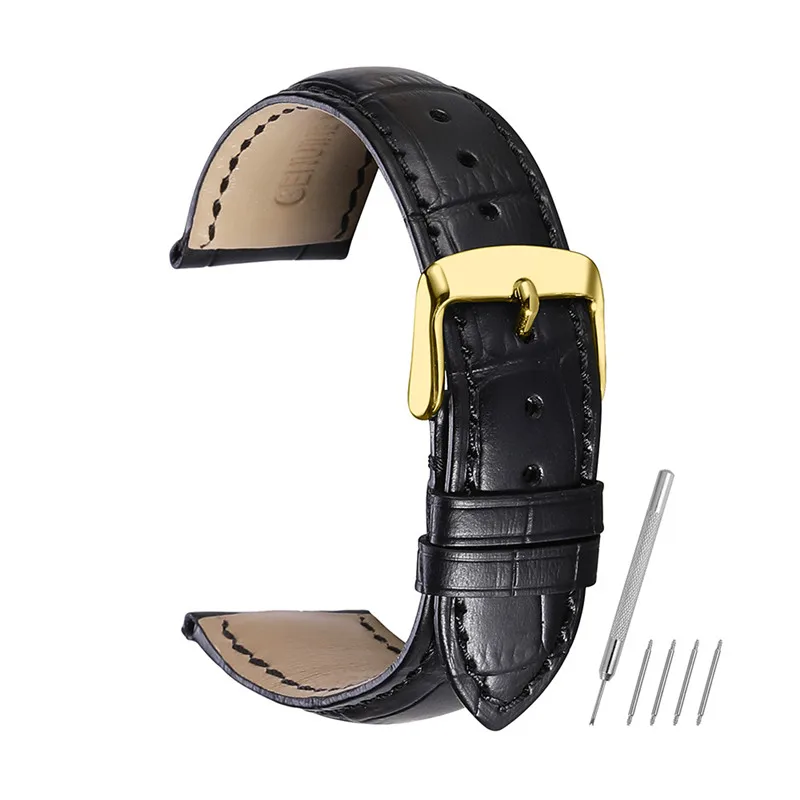 Black Кожаный ремешок CHIMAERA 14, 15, 16, 18, 19, 20, 21, 22, 24 мм, Золотая Пряжка, черный, коричневый ремешок для часов, браслет из кожи аллигатора для Tissot - Цвет ремешка: Black