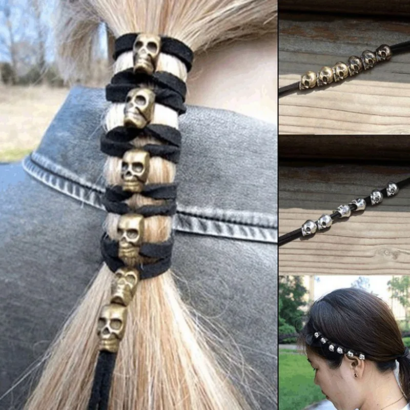 

Gothic Punk Retro Hair Rope Vintage Punk Metal Skull Hairband Ornaments Women Ponytail Styling Headwear DIY Hair Accessories