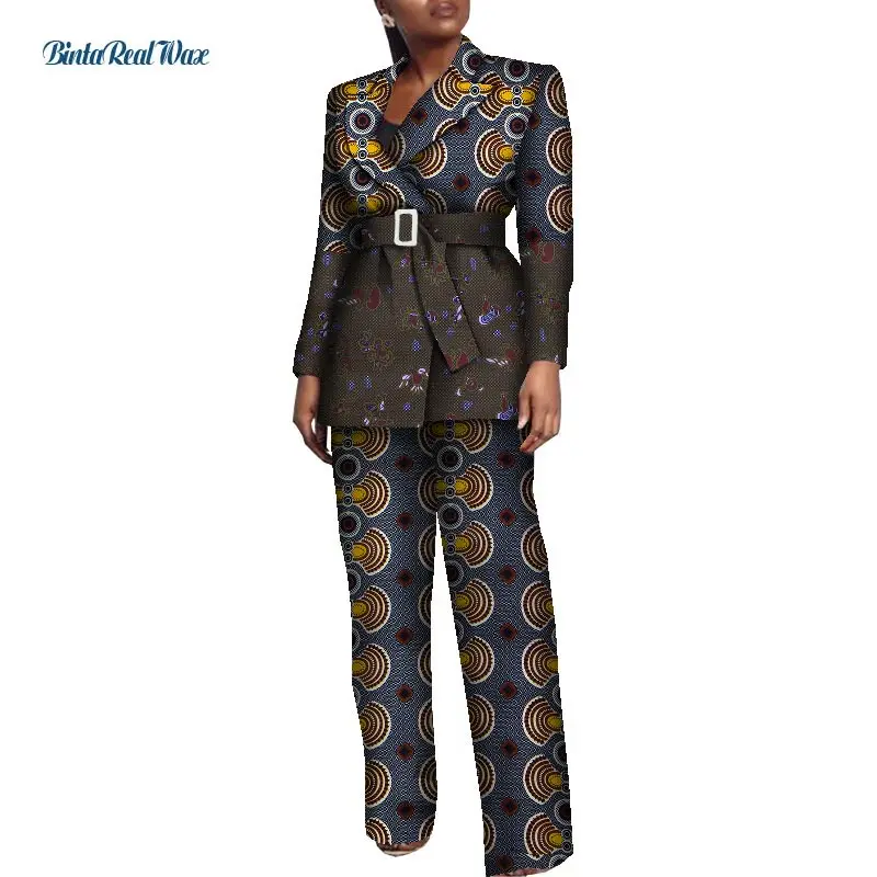 New Office Women Clothes African Print Patchwork Turn-Down Collar Suit Pants for Women Bazin Riche 2 Pieces Pants Sets WY8557