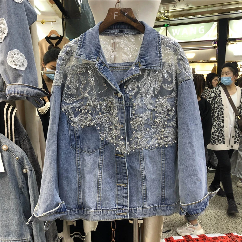 

2021 Spring Clothing New Patchwork Sequins Mesh Loose Denim Jacket Top for Women Elegant Jeans Coat Street Female Jean Jackets