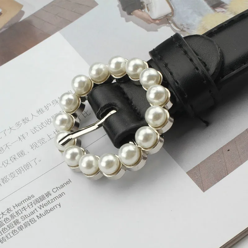

Leather Belt Women's Fashion Wild Solid Color Belt Alloy Square Buckle Inlaid Pearl Decoration Sweet Style Belt Women