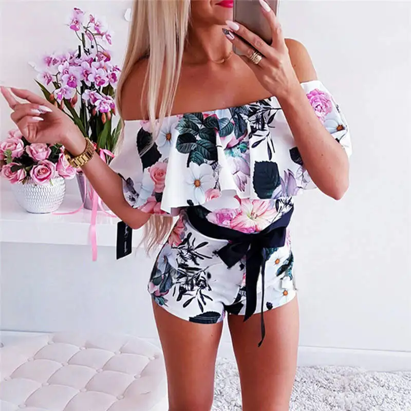 

Boho Women Off Shoulder Floral Bodycon Romper Jumpsuit Fashion Ladies Summer Club Tights Rompers Short Pants One-piece Clothing