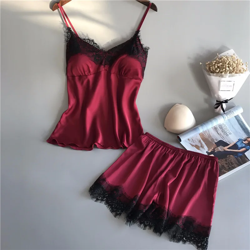 

Women Pajamas Sets Sleepwear 2Pcs Satin Lace Sleeveless Sexy Pijama Summer Shorts Pyjamas Lingerie Nightwear Homewear