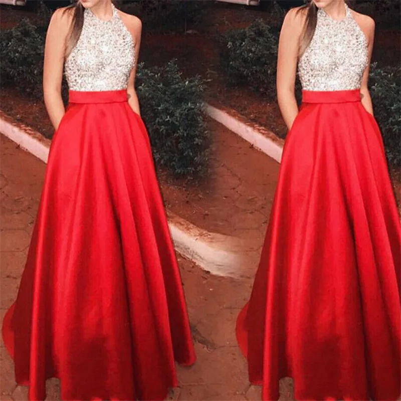 

Brand New Long Elegant Sequin Patchwork Sleeveless Halter Neck Formal Party Ball Gown Prom Bridesmaid Long Dress Vestdios