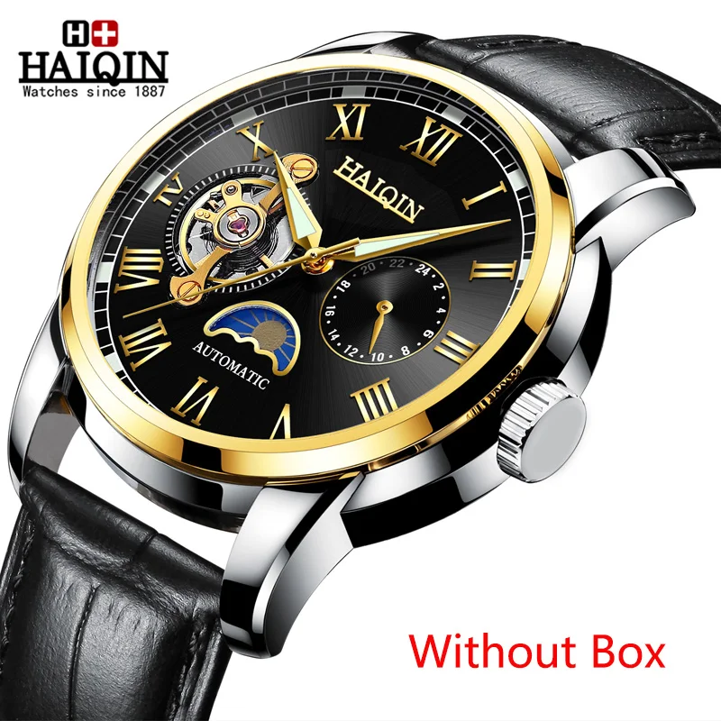 Gold Black No Box HAIQIN водонепроницаемые мужские часы с скелетом из нержавеющей стали, роскошные брендовые прозрачные механические Спортивные мужские наручные часы - Цвет: Gold Black No Box