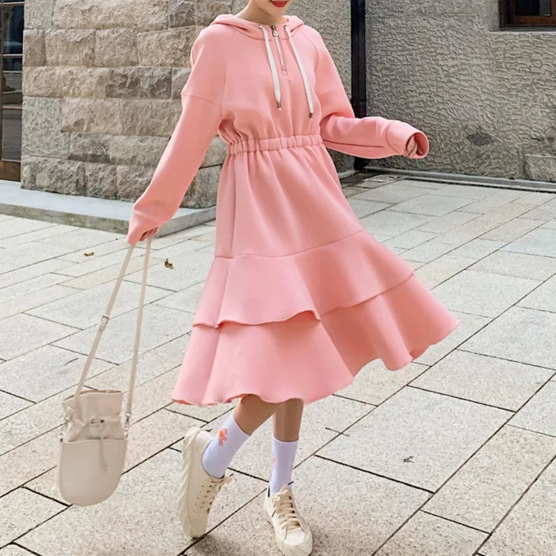 Vintage Long Sleeve Solid Zipper A-Line 2020 New Fashion Thickening Midi Skater Hem Loose Autumn Dress School Warm Hat Women | Женская
