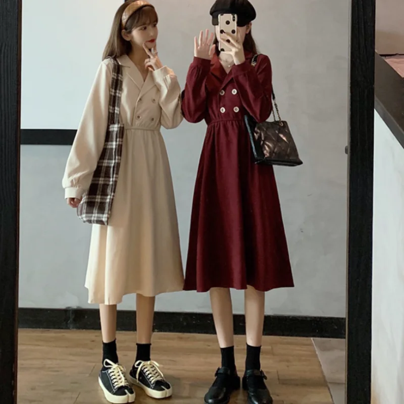 

Женское платье на пуговицах, элегантное однотонное платье с V-образным вырезом и длинными рукавами в Корейском стиле ретро, осень 2021