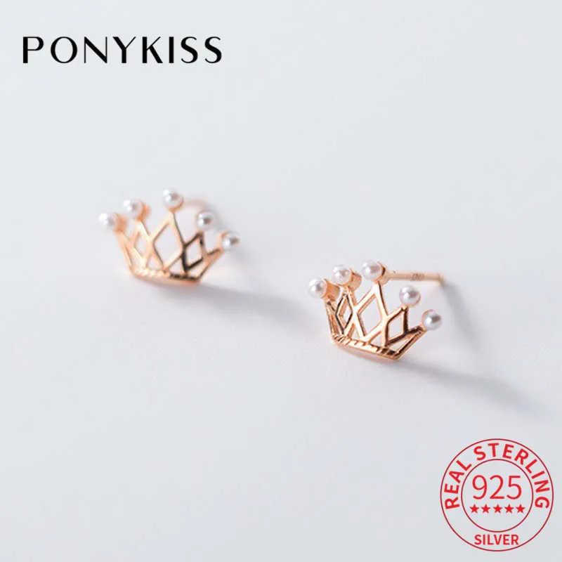 

PONYKISS Romantic S925 Sterling Silver Cute pearl Crown Stud Earrings for Women Party Fine Jewelry wholesale Accessories Gift