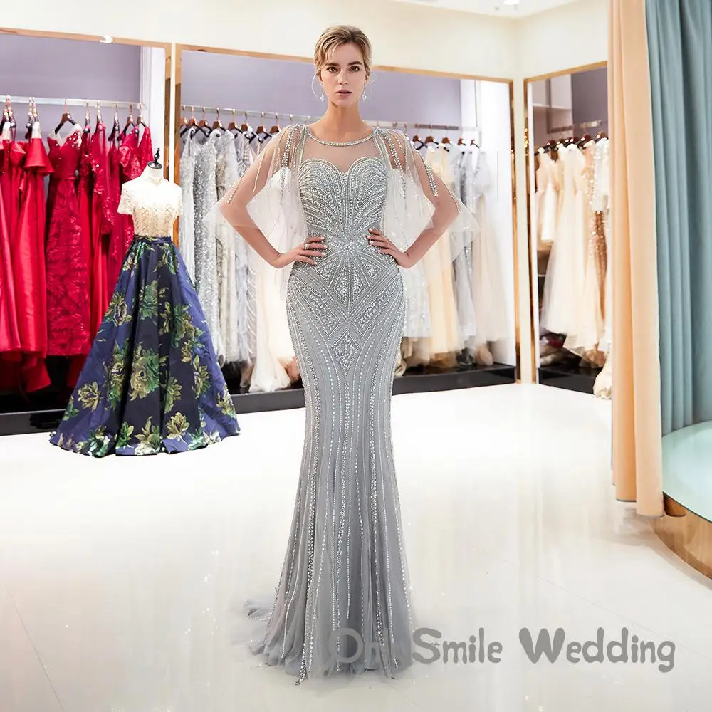 Sliver Mermaid Prom Dresses Long Beaded Tulle See Through Backless Floor Length Forml Evening Dress For Teens Robe de soriee