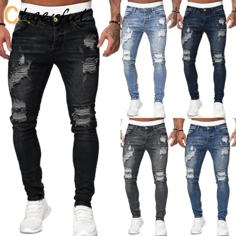 

Мужские рваные джинсы, зауженные брюки с дырками, Стрейчевые облегающие джинсовые брюки большого размера в стиле хип-хоп, черные, синие повс...