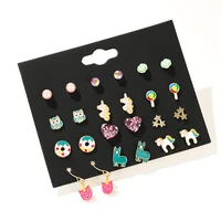 cute earrings set 12 pairs stud earrings rainbow animal horse flowers earrings women fashion jewelry wholesale